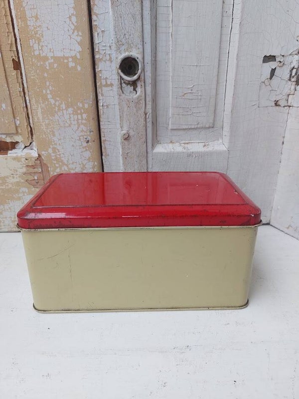 ☺ Vintage Retro Voorraadblik / Koektrommel (Crème & Rood)