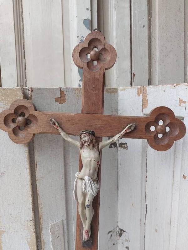 ☻ Antiek Houten Kruisbeeld / Wandkruis Jezus Christus (Crucifix)