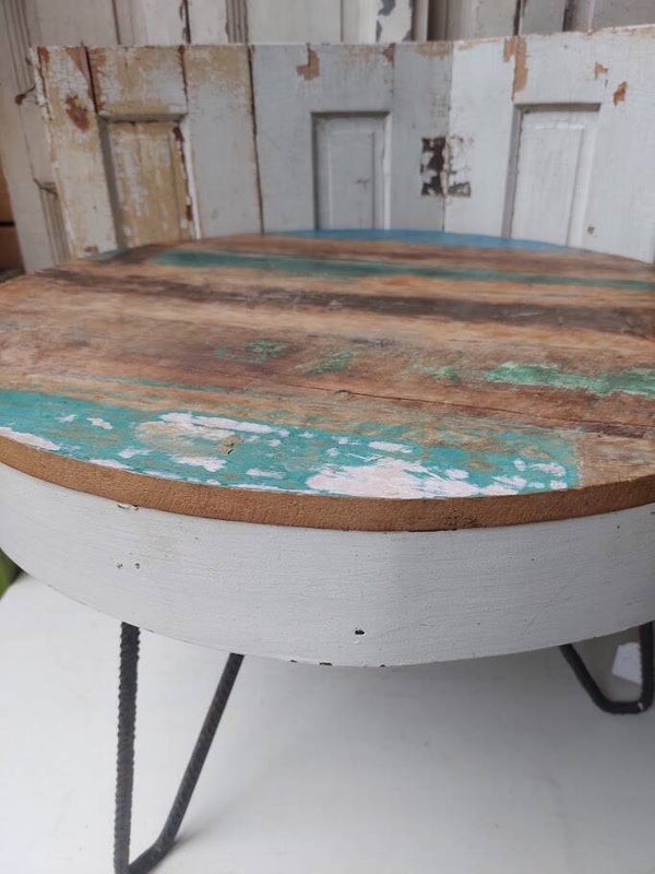 ☻Industriële Salontafel / Ronde Bijzettafel Sloophout & Staal