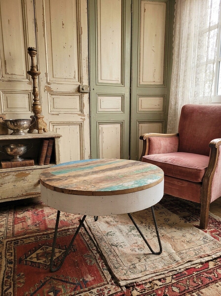 🕊️ Industriële Salontafel / Ronde Bijzettafel Sloophout & Staal