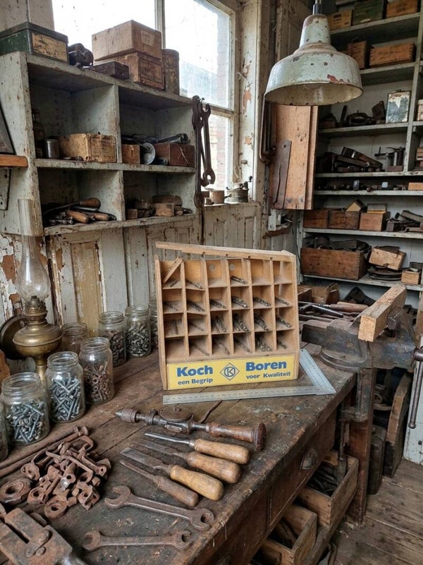 🕊️ Vintage Koch Boren Reclamekastje / Houten Vakkenkast Opknapper