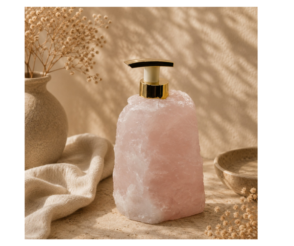 Edelsteen zeepdispenser | Rozenkwarts | Bergkristal | Sodaliet | Vuurcalciet