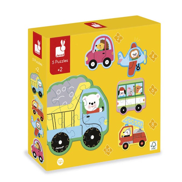 Janod - 5 formaten puzzels - Voertuigen