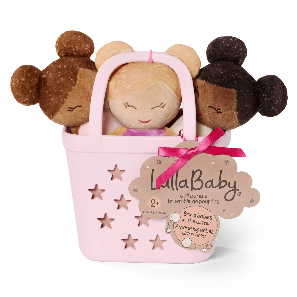 Lullababy - 3 pluche badpoppen met basket - Roze