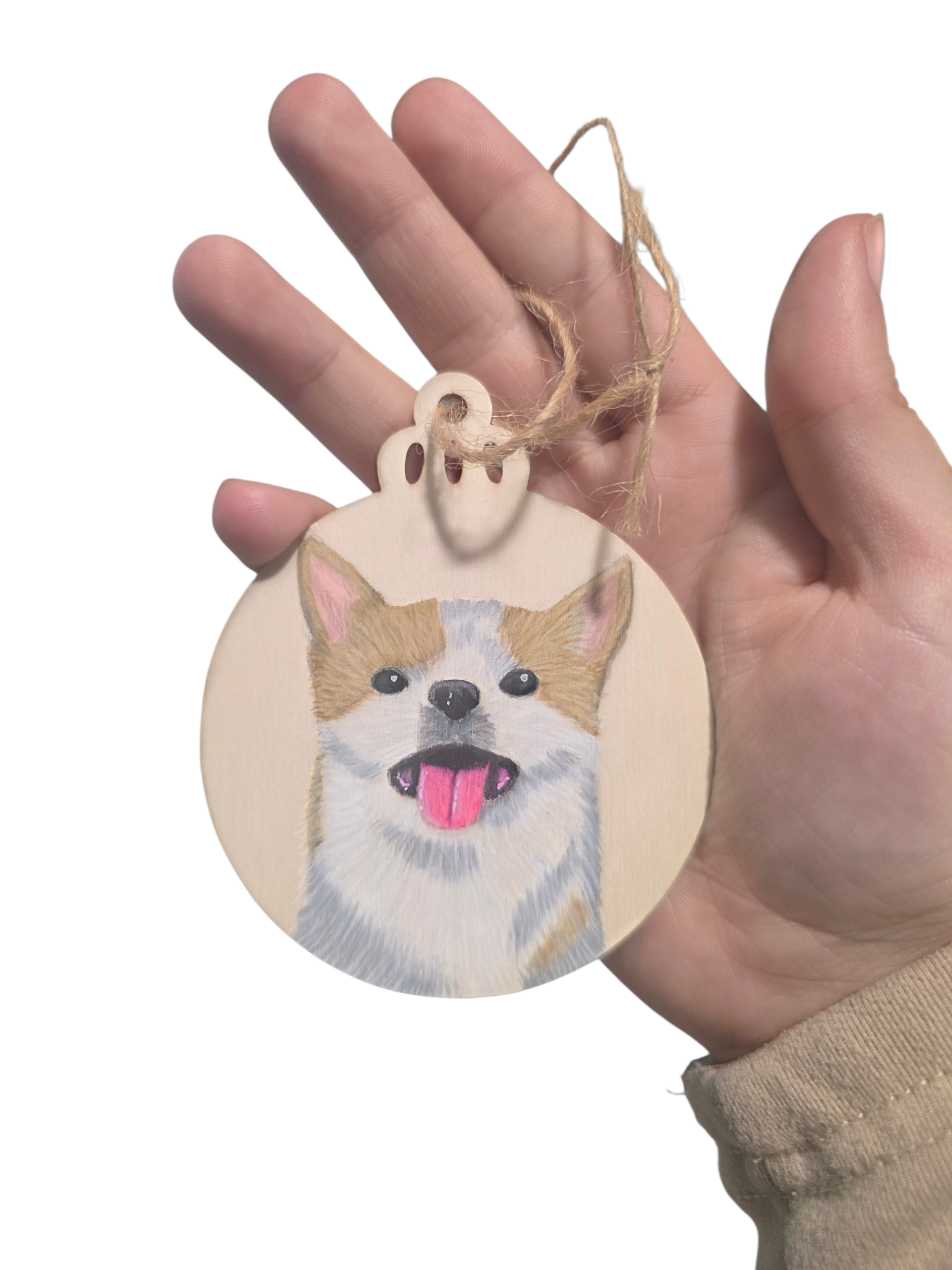 Bola de madera navideña con retrato de mascota