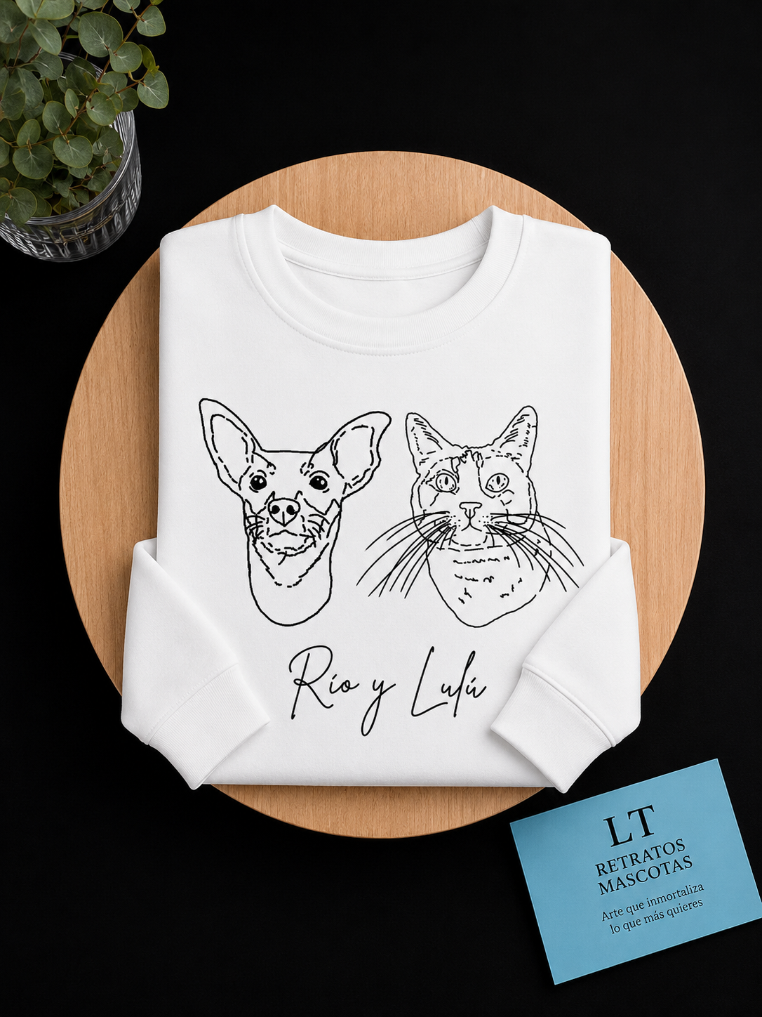 Sudadera sin capucha personalizada con retrato de tu mascota (estilo minimalista)