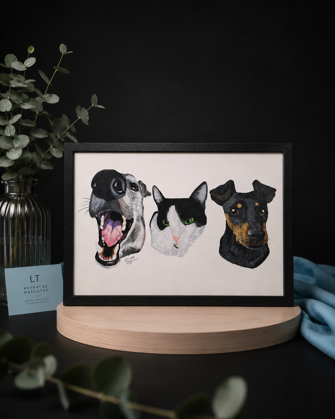 Retrato triple personalizado de mascota realista a color