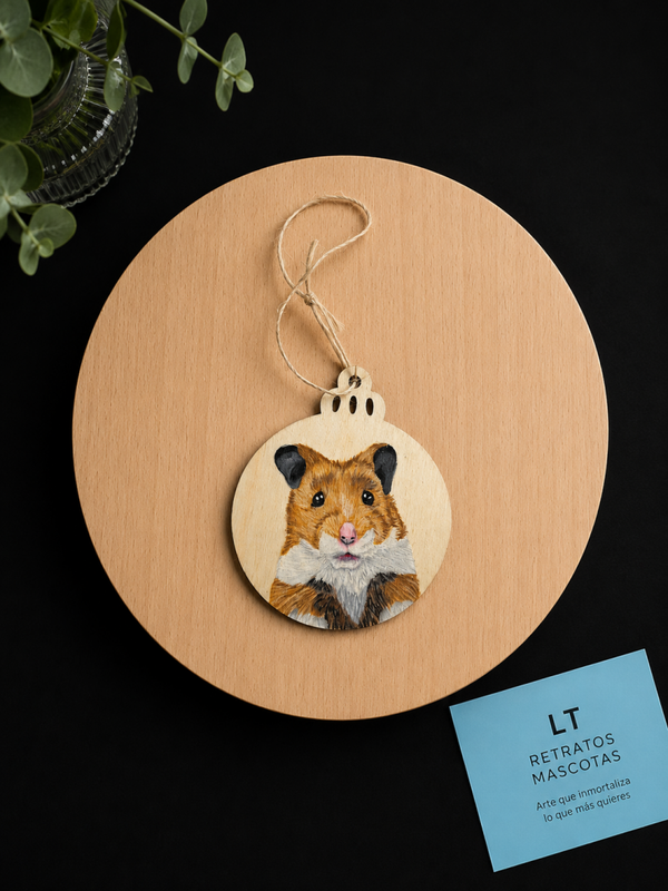 Bola de madera navideña con retrato de mascota