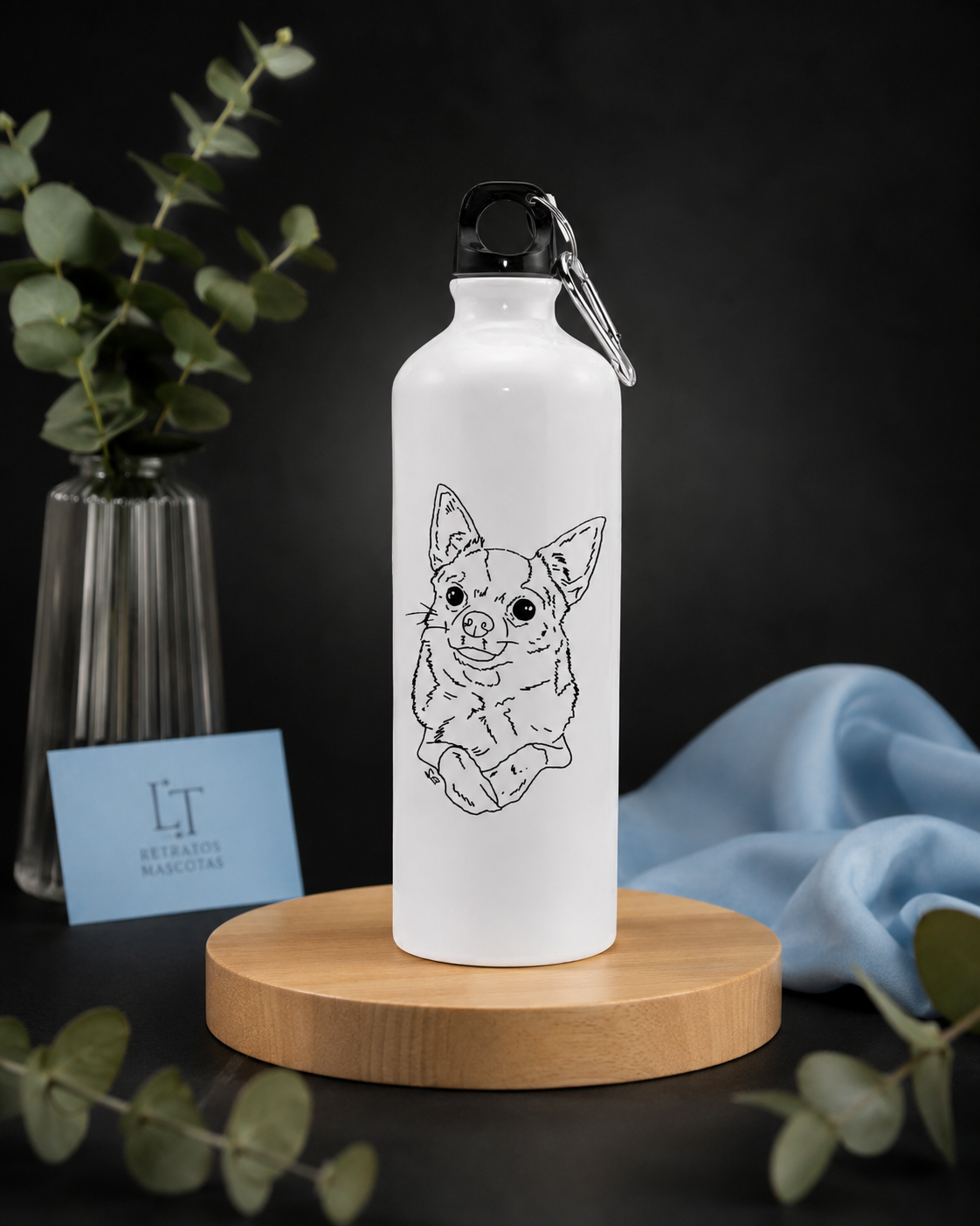 Botella 1000ml personalizada con retrato de mascota (estilo minimalista)