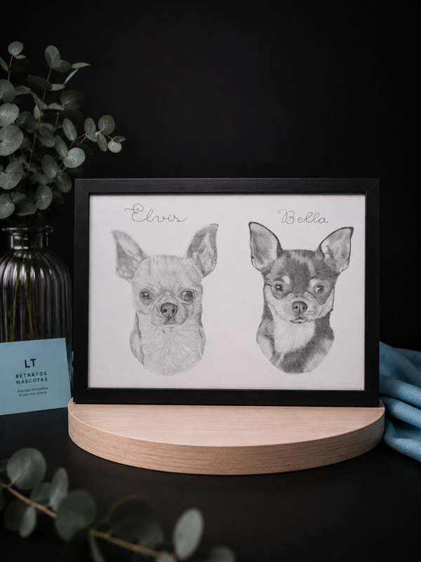 Retrato doble personalizado de mascota realista a grafito