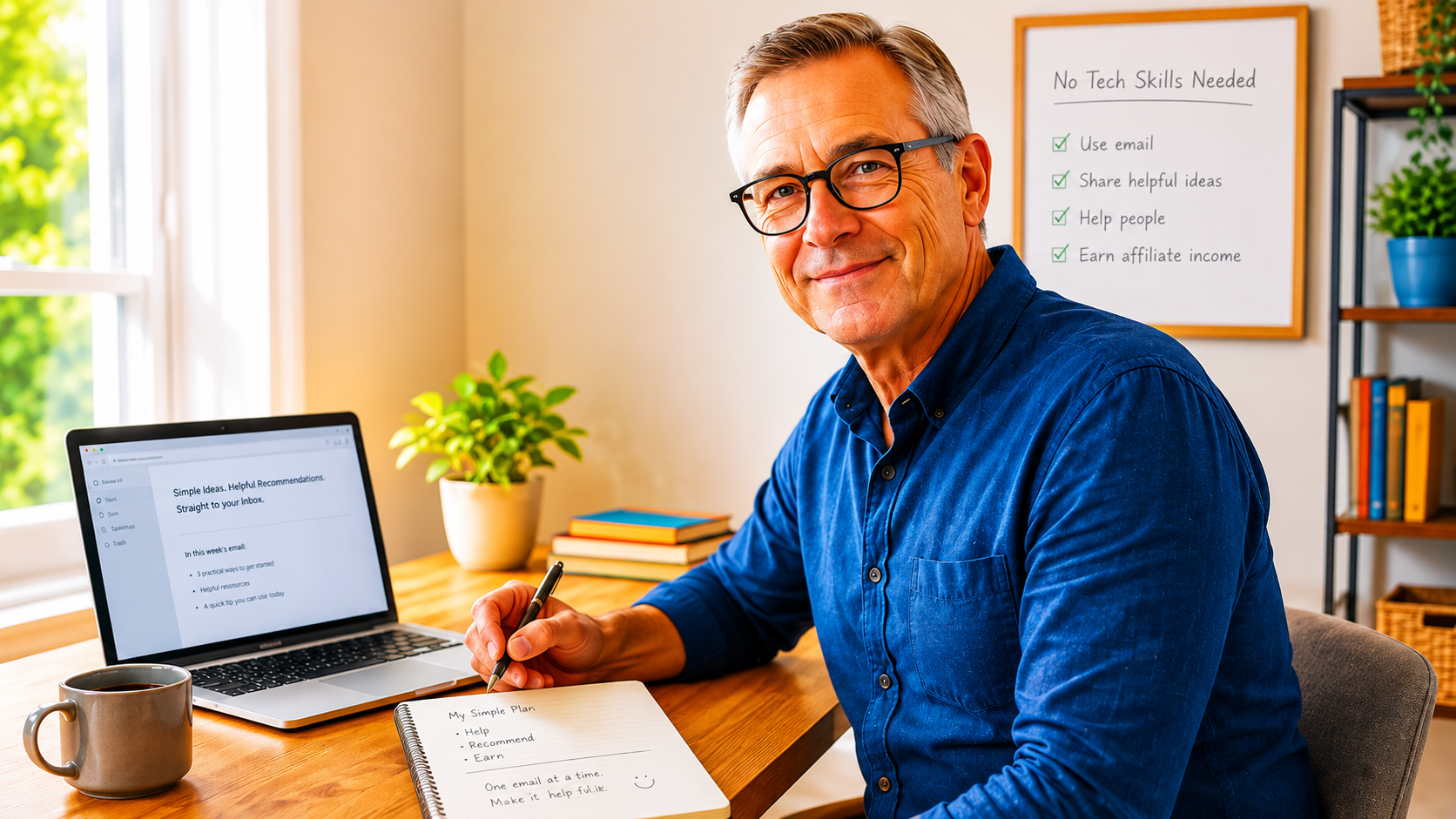 Person over 40 starting affiliate marketing with just email at a home office desk.