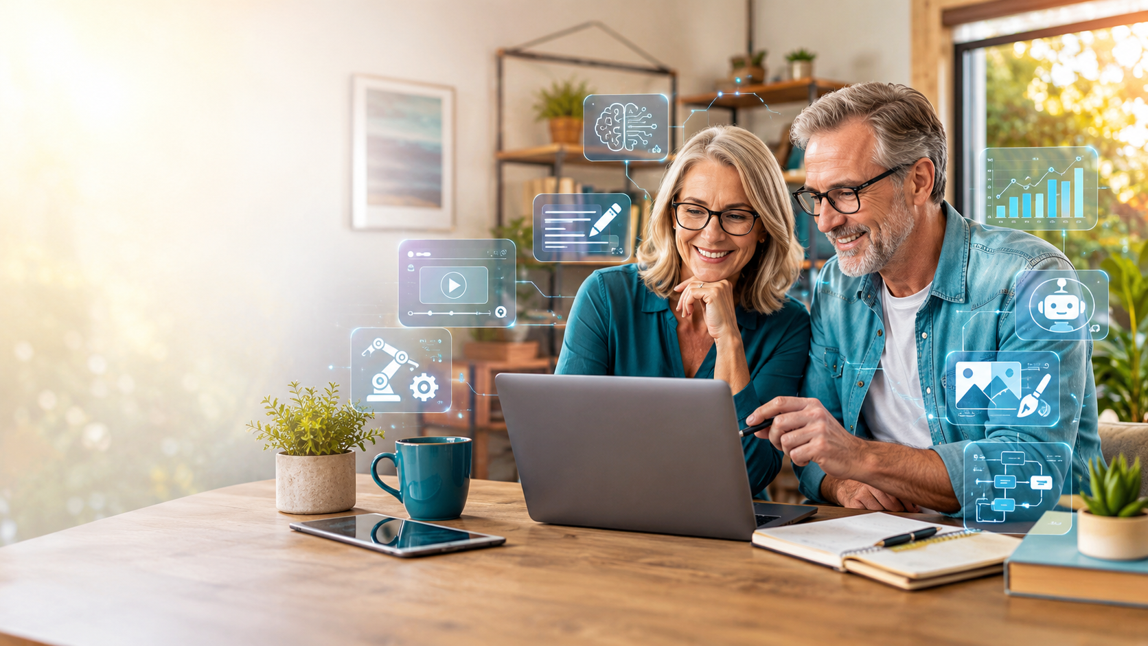 Confident couple over 50 learning AI skills for online business success from home, with digital icons for automation, content creation, analytics, and AI tools.