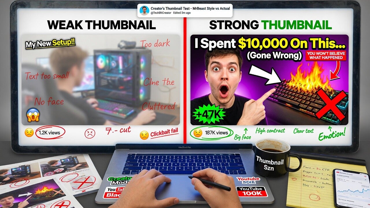AI thumbnail generator showing before and after YouTube thumbnail improvements