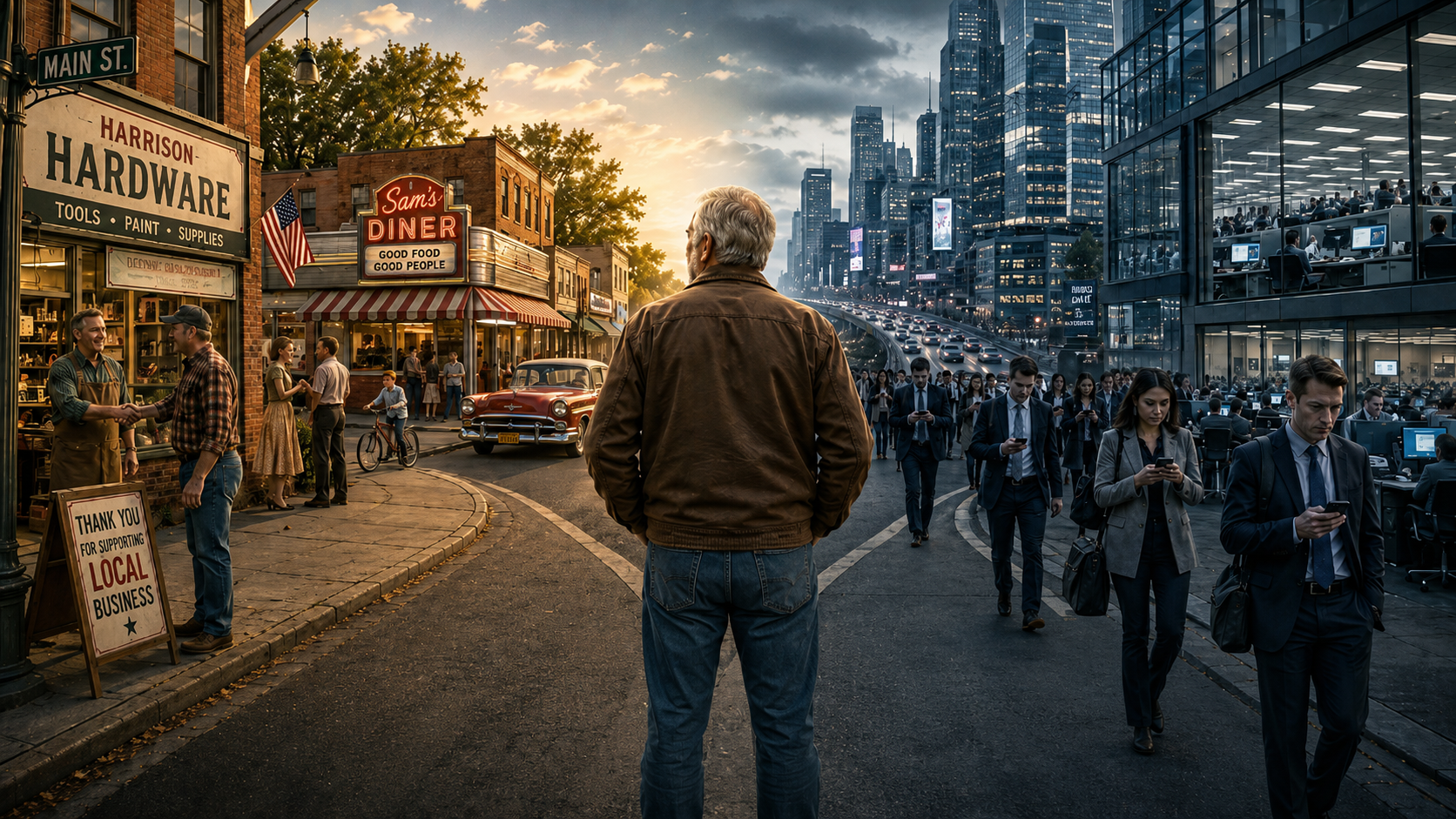 A realistic cinematic hero image showing an older American man standing at a crossroads between a warm 1950s small-town business district and a cold modern corporate city, symbolizing the shift in America’s work culture.