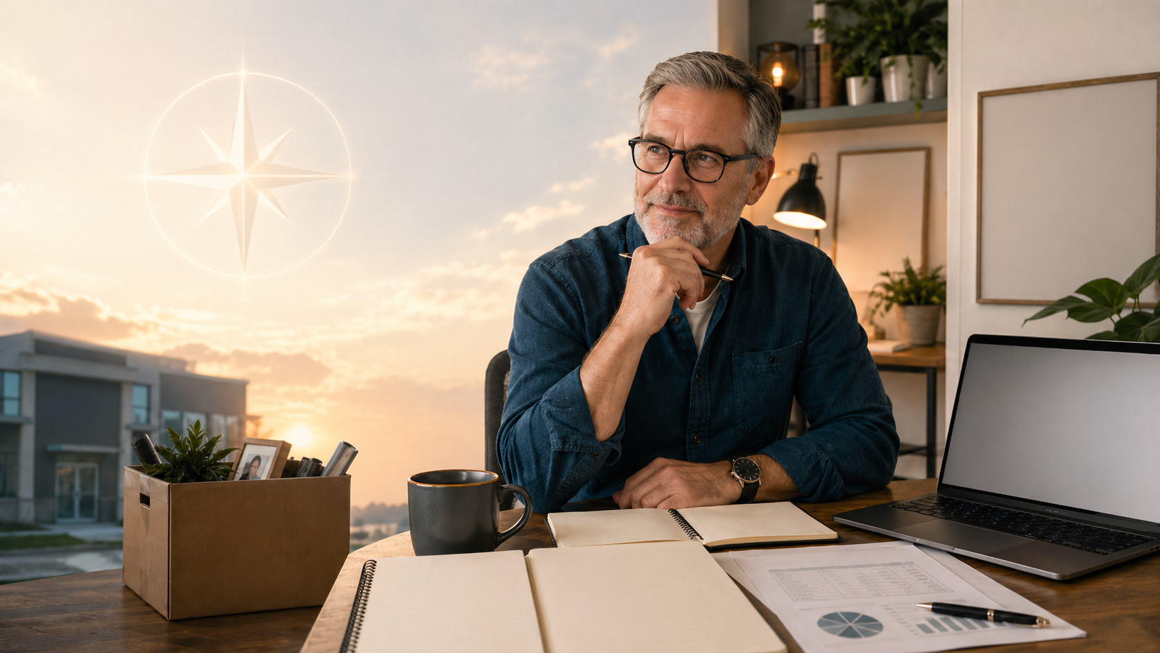 “Build Your Backup Plan hero image showing a man on a path studying a digital blueprint as he walks toward a glowing mountain summit with rockets, icons, and hot air balloons symbolizing a profitable side hustle and financial security.