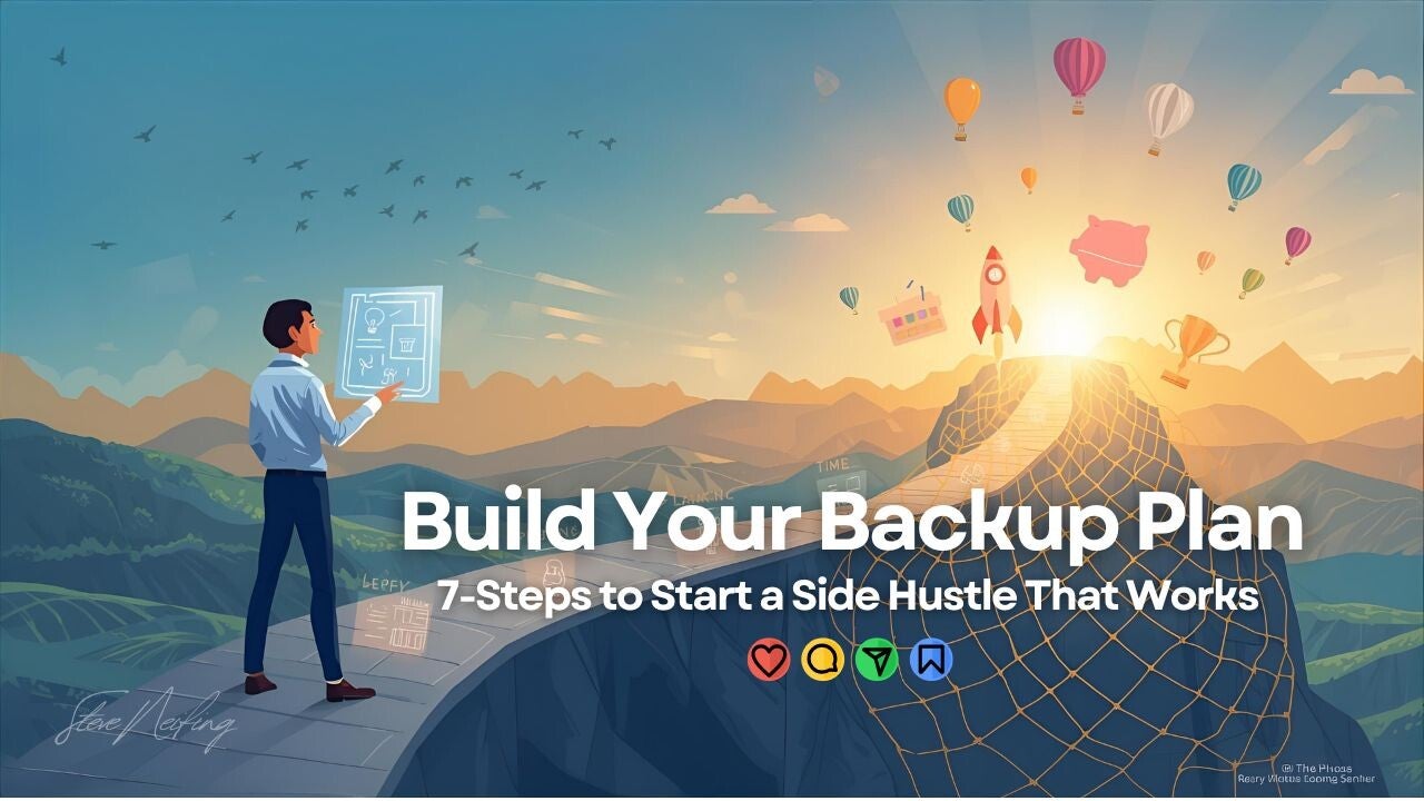 “Build Your Backup Plan hero image showing a man on a path studying a digital blueprint as he walks toward a glowing mountain summit with rockets, icons, and hot air balloons symbolizing a profitable side hustle and financial security.