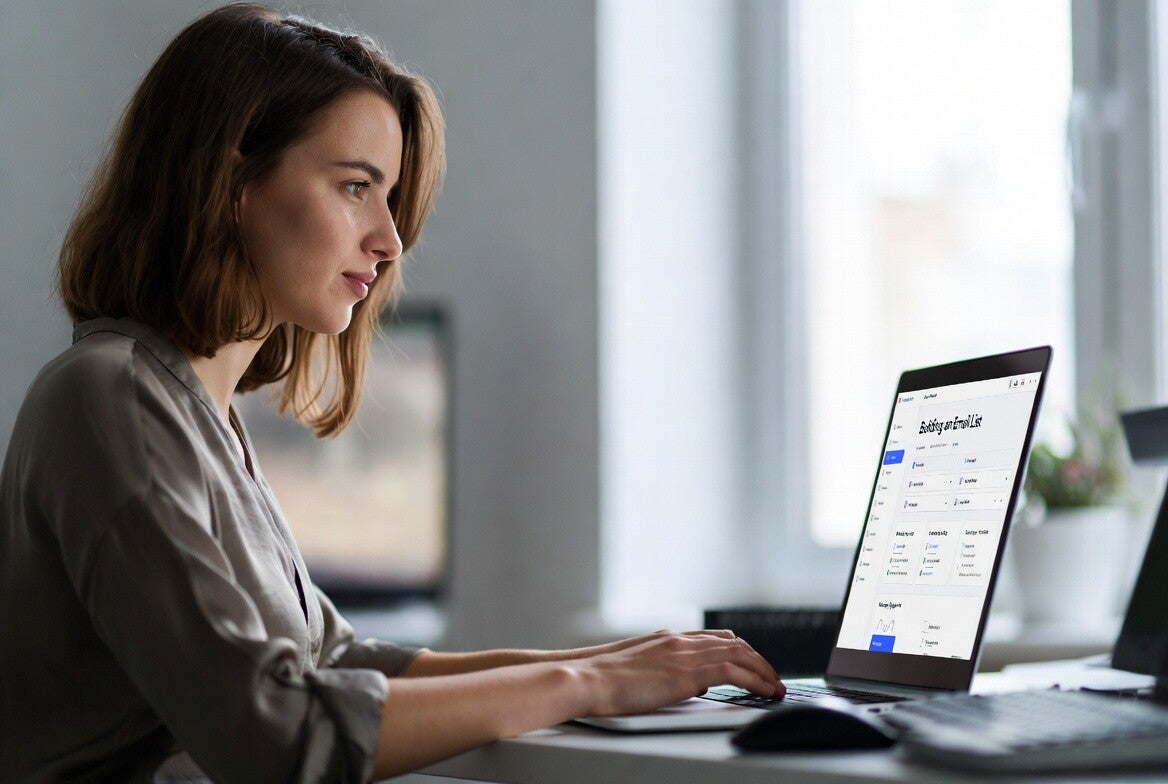 A professional woman with shoulder-length brown hair sitting at a desk, focused on her laptop screen that displays email marketing software with the prominent caption “Building an Email List