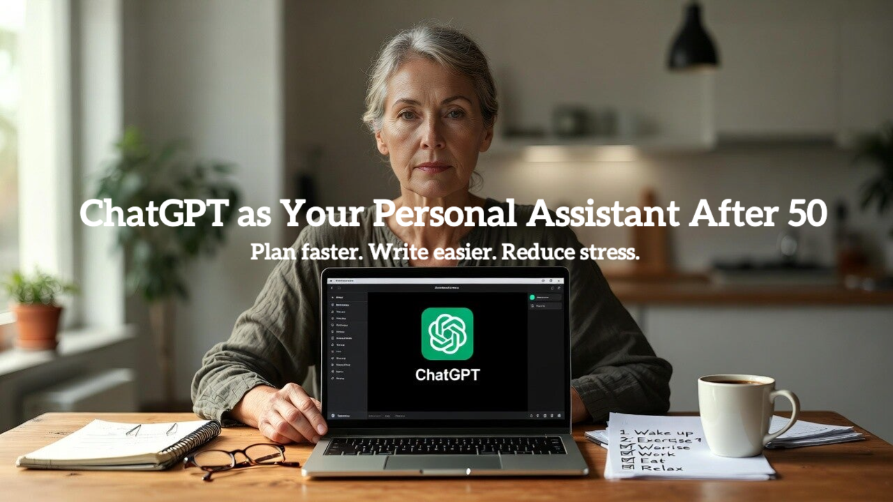 dult over 50 using ChatGPT as a personal assistant at home with laptop, checklist, and coffee.