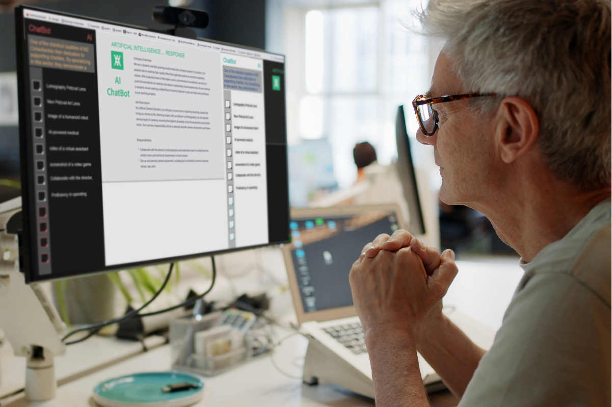 Retired entrepreneur using AI tools on a desktop computer to build simple funnels and automate content for a profitable online business.