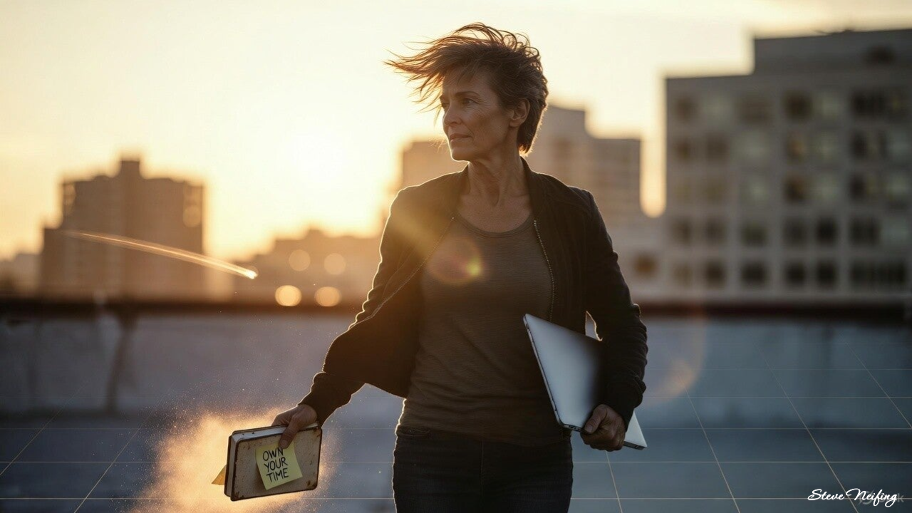 Confident mid-career creator mapping a 30-day online business plan after spiritual awakening.