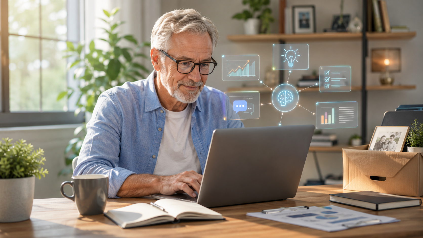 Man over 50 using a laptop with AI planning visuals in a bright home office, representing career reinvention after job loss and building a second-act online business.