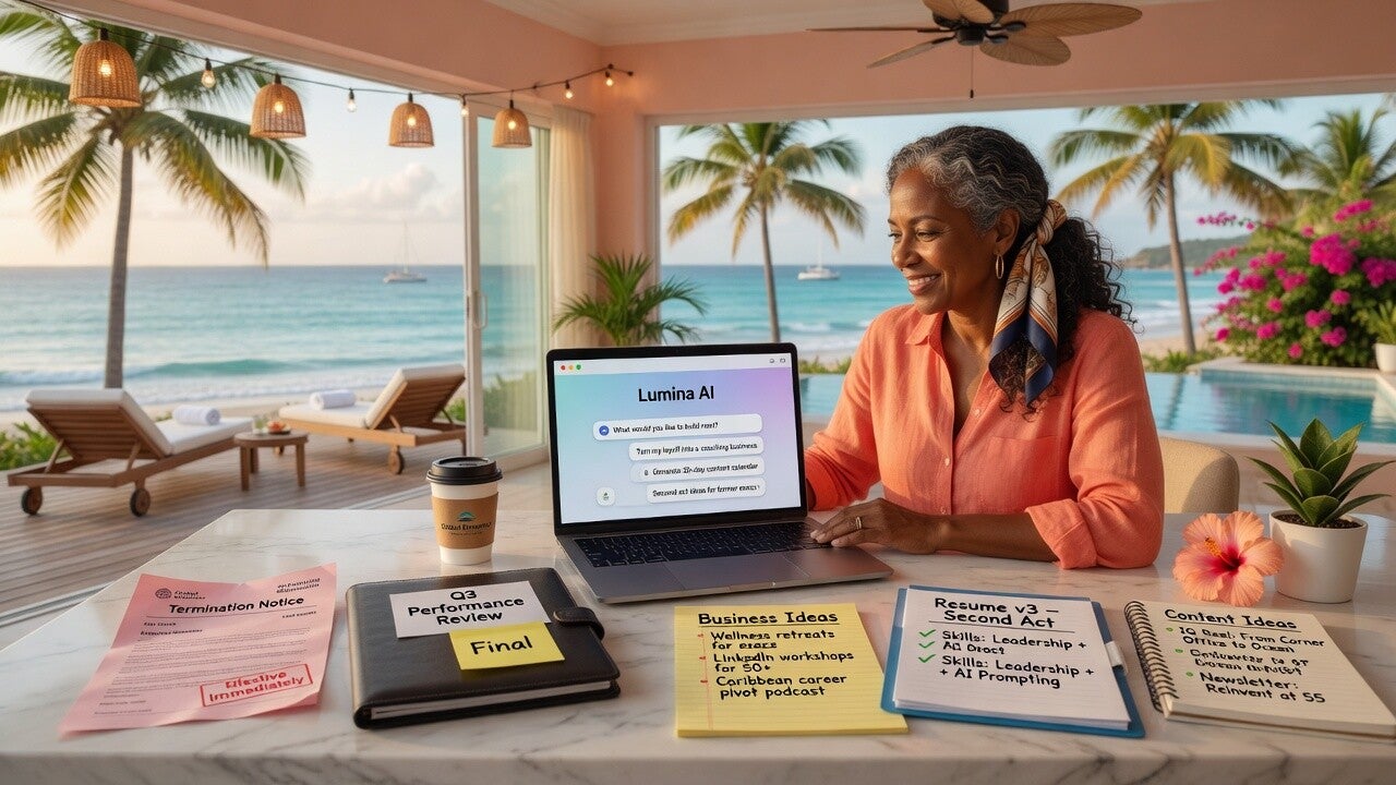 Adult over 50 using AI to rebuild after job loss and create a second act online business.