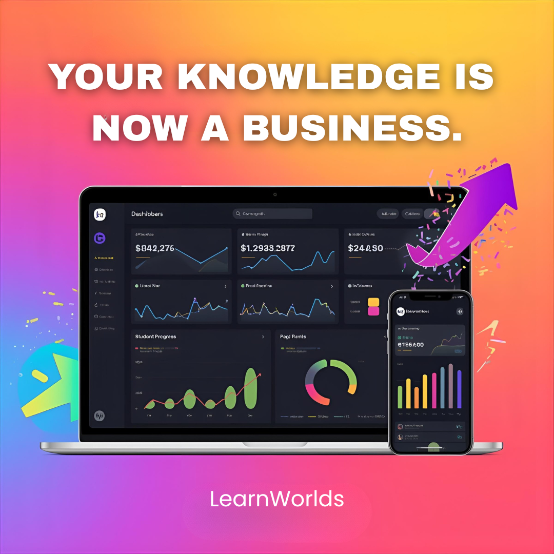 Analytics dashboard showing student progress and course sales growth inside a LearnWorlds-style online academy.