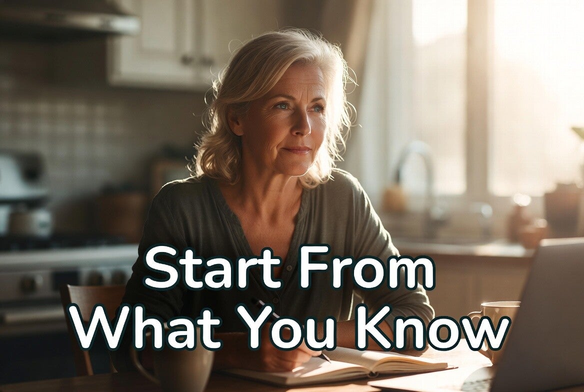Confident adult over 50 starting an online business from home using a laptop, notebook, and simple AI tools in a clean, beginner-friendly workspace.