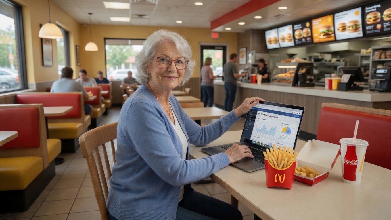 Retired adult over 65 using a laptop to explore online hustles, side income ideas, and online business after retirement.
