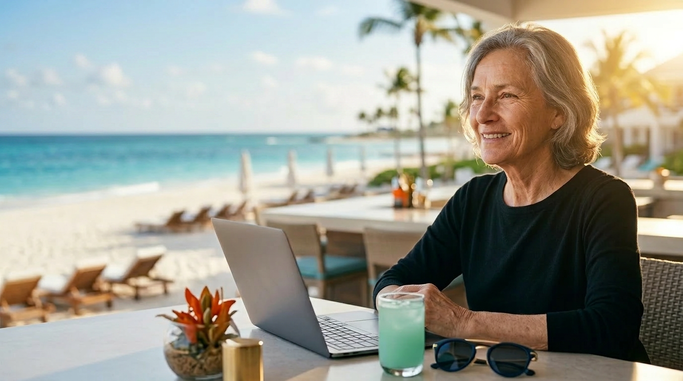 Adult over 50 exploring online side hustles after retirement using a laptop, notebook, and AI tools from home.