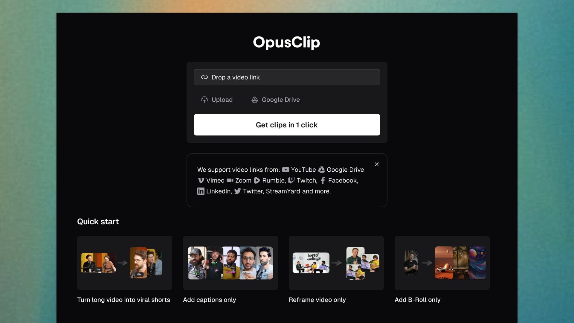 Opus Clip ad showing the home page of opus clips.