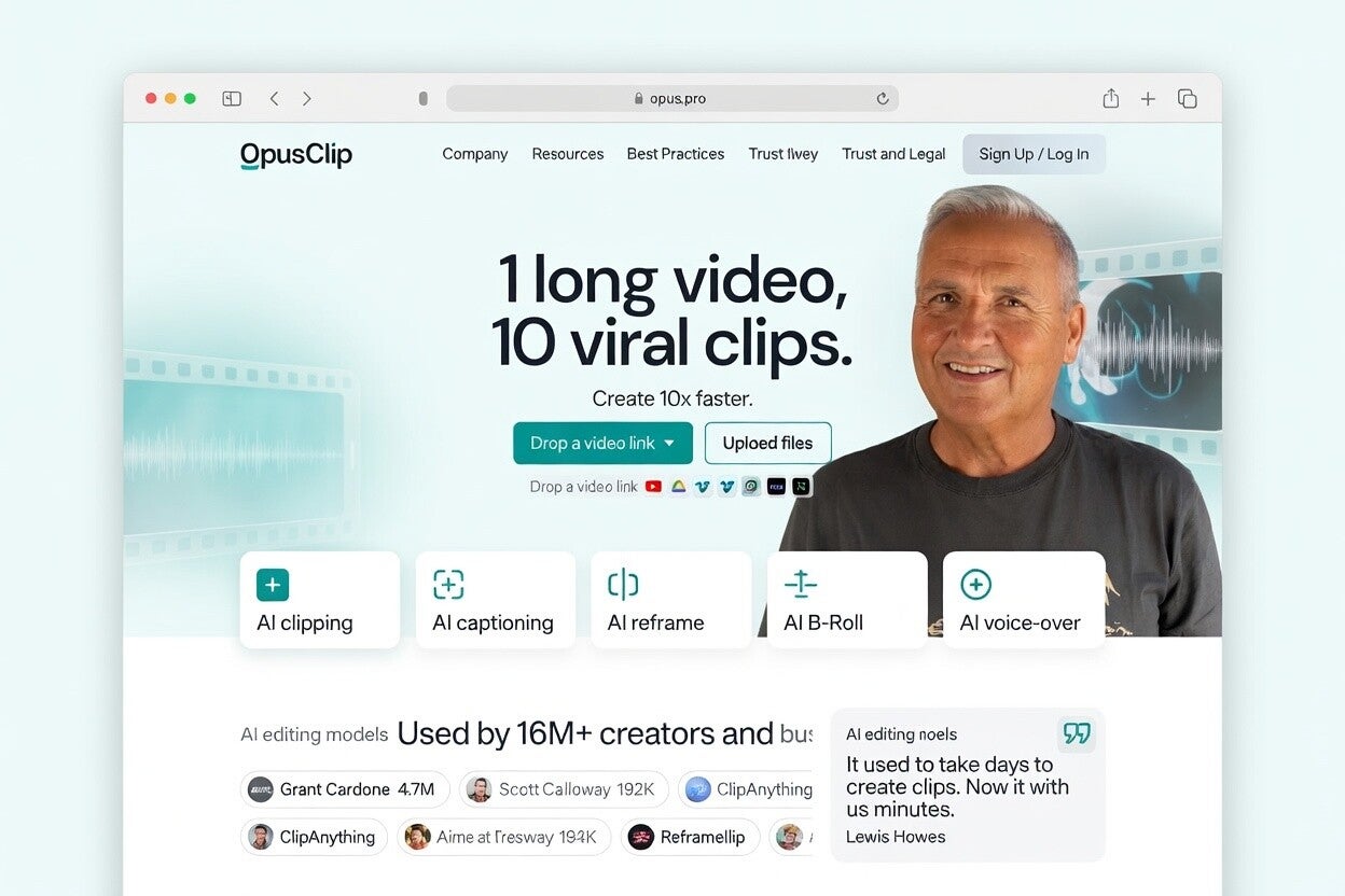OpusClip AI video clipping platform with a professional 55-year-old man smiling