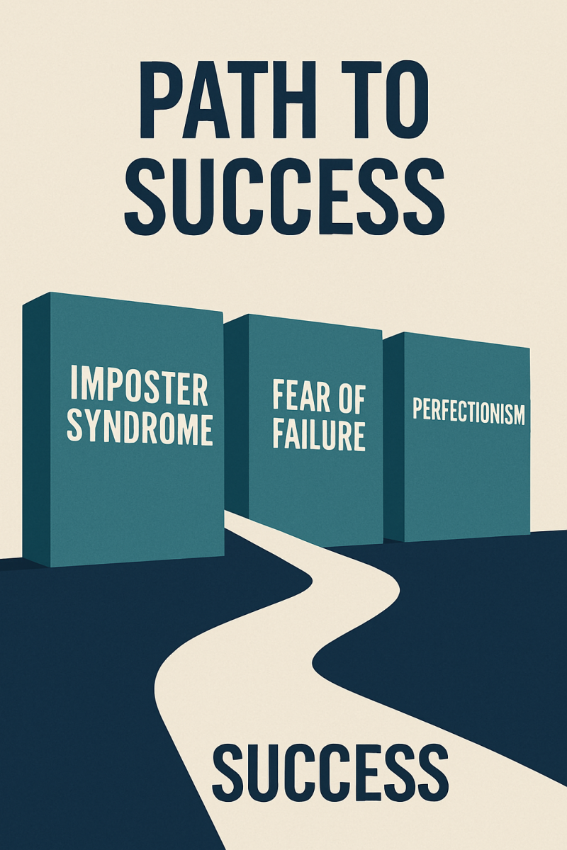 Visual path showing entrepreneurs overcoming imposter syndrome, fear of failure, and perfectionism to reach success.