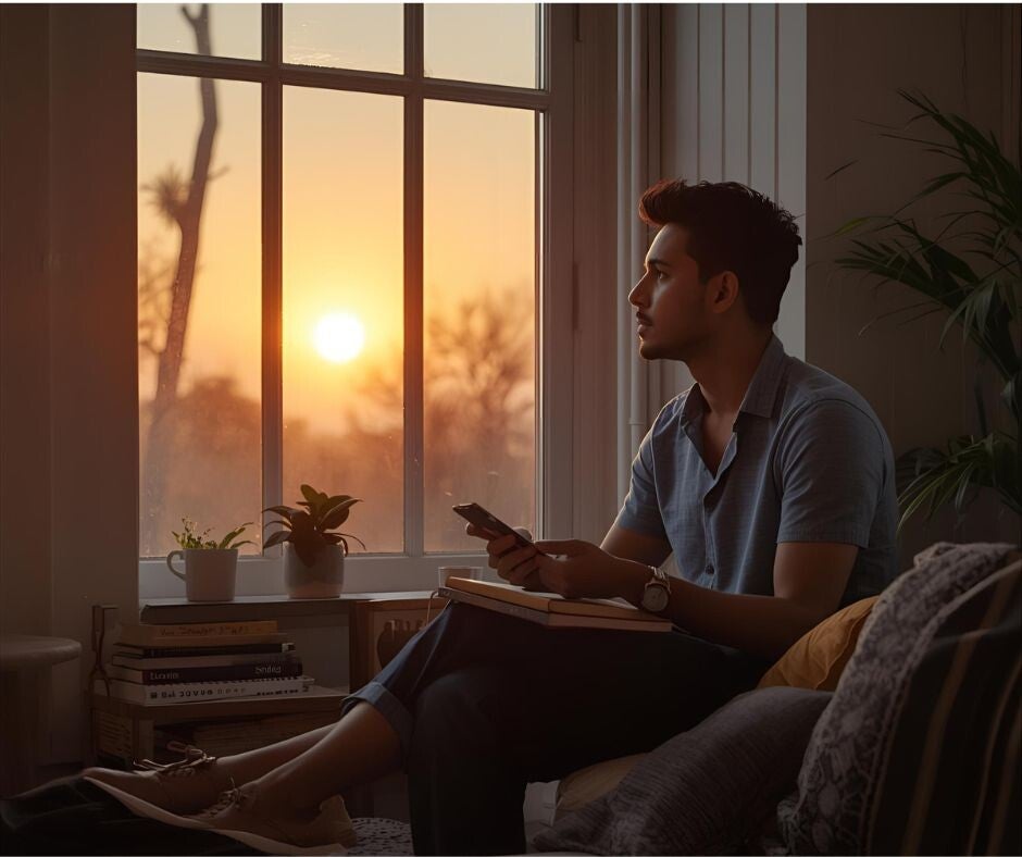Person sitting near a sunrise-lit window with journal and coffee, reflecting on their goals for starting an online business after 40.