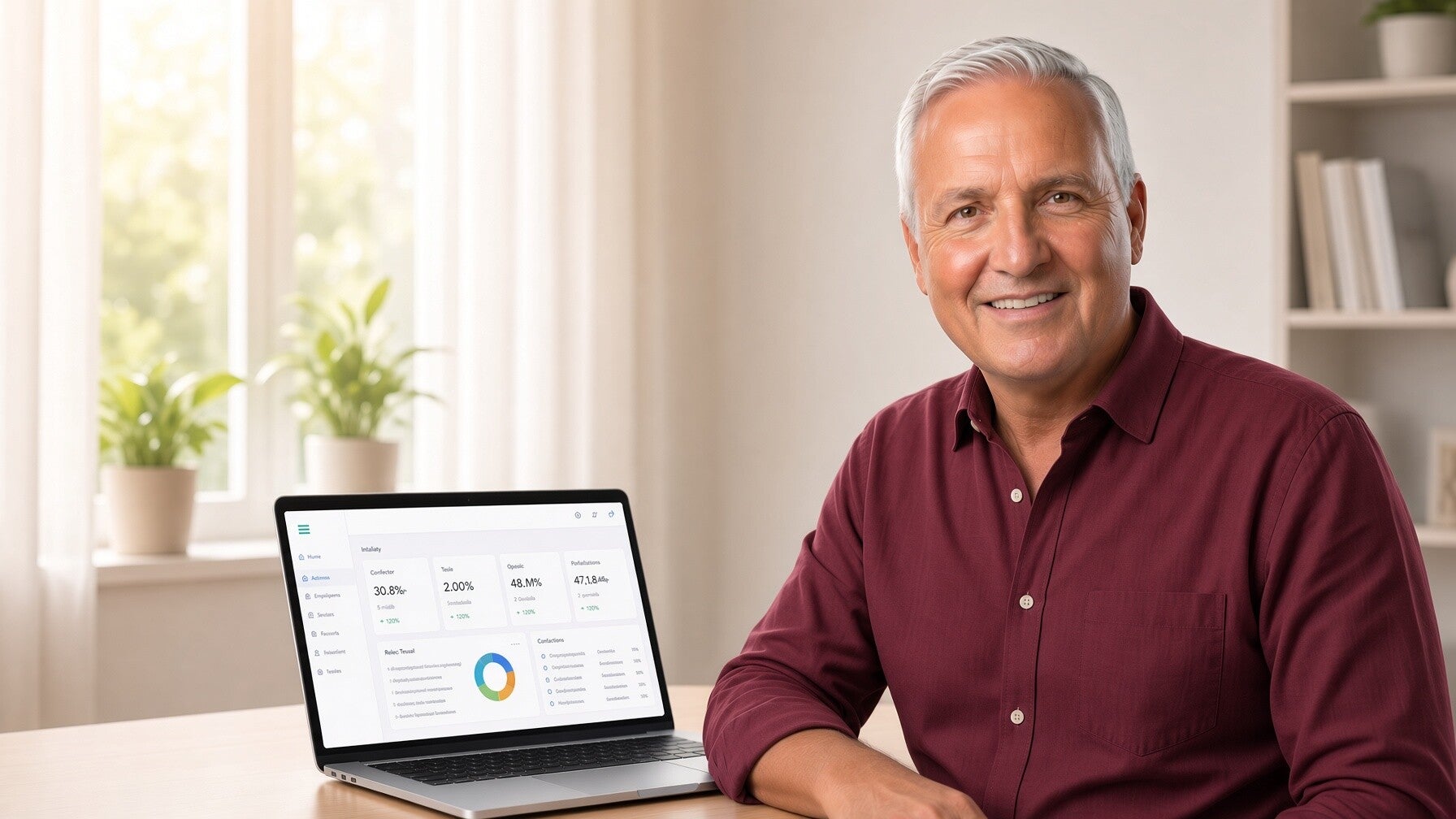 Confident man in his late 50s sitting at a bright home office desk using a laptop with AI content tools and YouTube dashboard, representing building a simple online business over 50 with AI and life experience