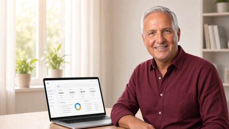 Confident man in his late 50s sitting at a bright home office desk using a laptop with AI content tools and YouTube dashboard, representing building a simple online business over 50 with AI and life experience