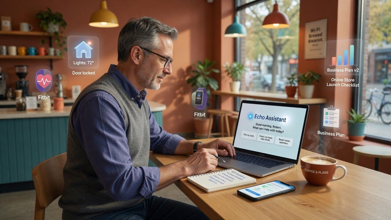 Adult over 50 using AI assistant and simple tech tools to make daily life and online business easier.