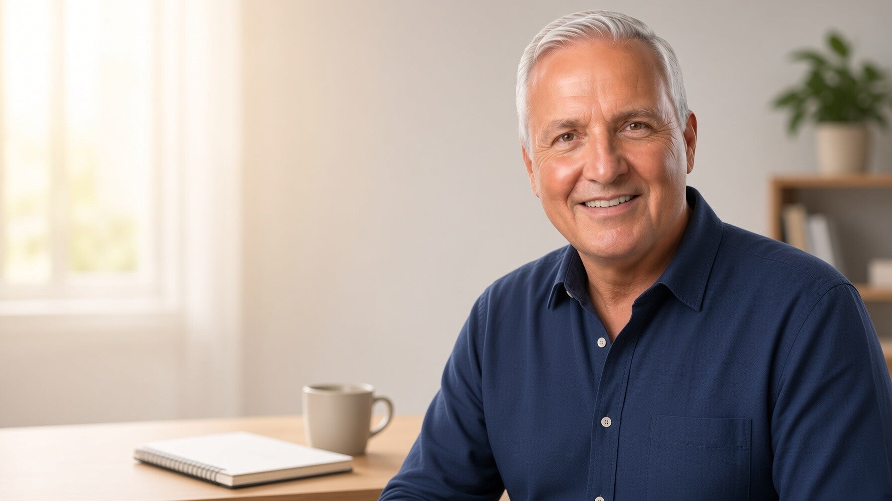 Steve Neifing smiling warmly in a bright, clean home office, offering the free lead magnet that helps adults over 50 turn one real skill into simple online income.