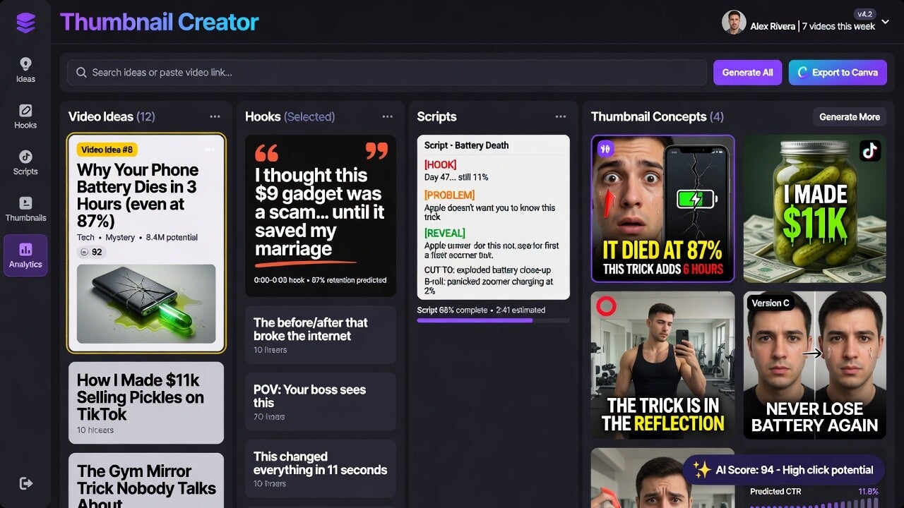ThumbnailCreator video ideation tool creating YouTube ideas, hooks, scripts, and thumbnail concepts