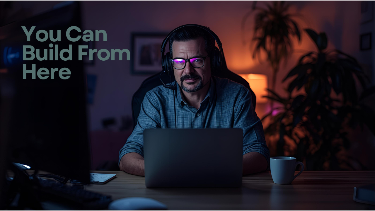 Entrepreneur over 40 working from home on a laptop, learning how to start an online business with step-by-step guidance and no tech overwhelm.