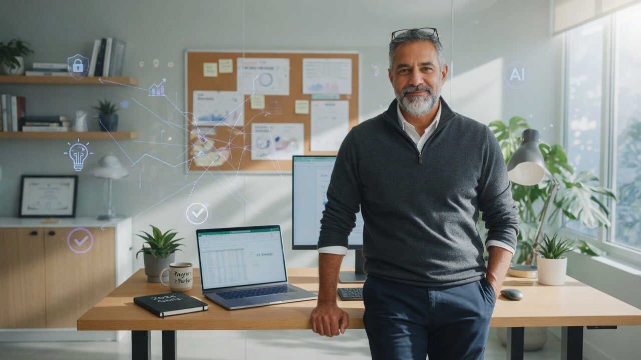 Confident adult over 50 in a modern home office using AI as a trusted tool for online business success.