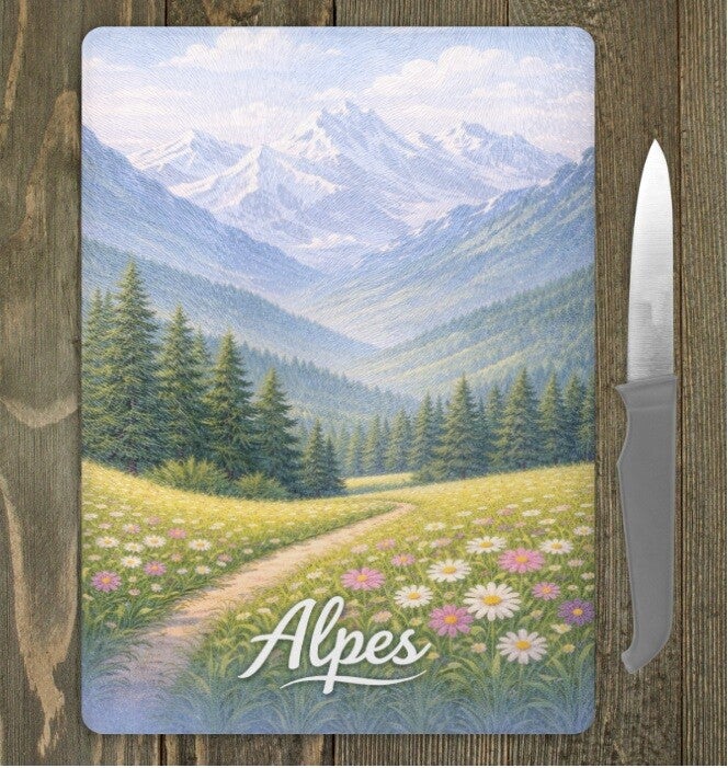 PLANCHE A DECOUPER (ou plateau de présentation) en verre "Alpes"