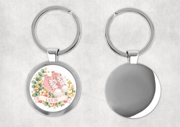 Porte-clés baptême personnalisé – Modèle Deluxe Ø 4 cm