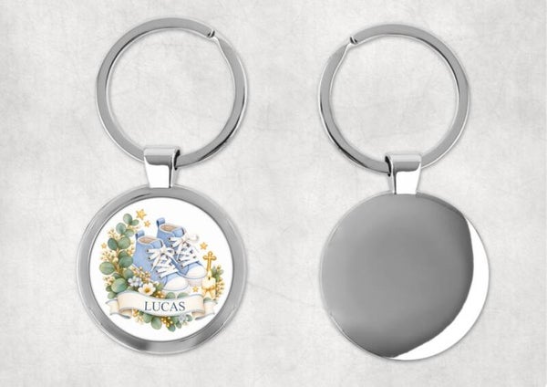 Porte-clés baptême personnalisé – Modèle Deluxe Ø 4 cm