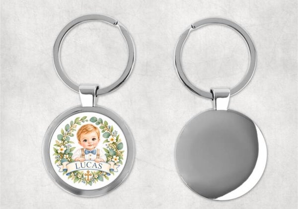 Porte-clés baptême personnalisé – Modèle Deluxe Ø 4 cm