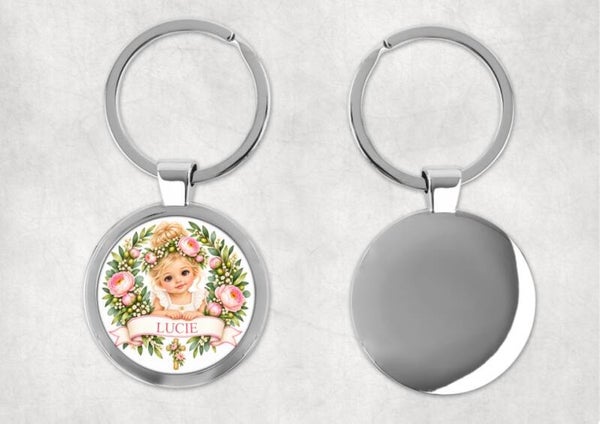 Porte-clés baptême personnalisé – Modèle Deluxe Ø 4 cm