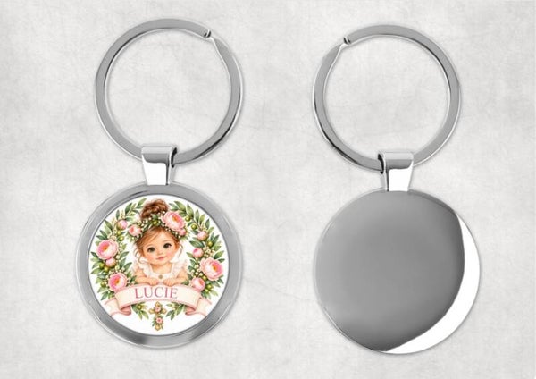 Porte-clés baptême personnalisé – Modèle Deluxe Ø 4 cm