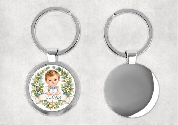 Porte-clés baptême personnalisé – Modèle Deluxe Ø 4 cm