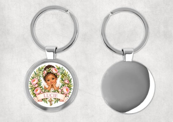 Porte-clés baptême personnalisé – Modèle Deluxe Ø 4 cm