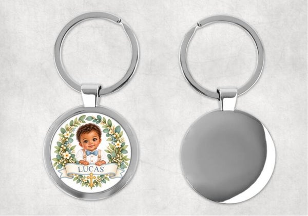 Porte-clés baptême personnalisé – Modèle Deluxe Ø 4 cm